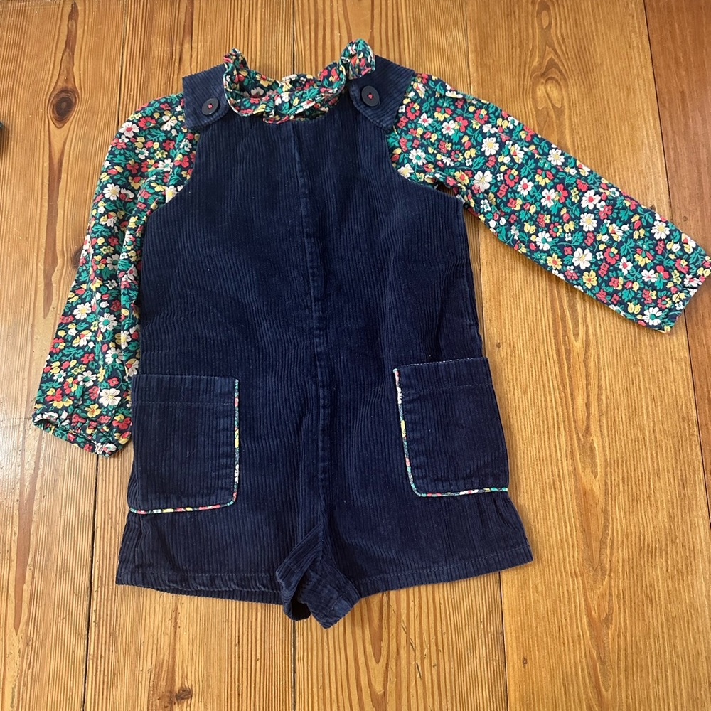 Girls Mini Boden short corduroy jumper set with floral shirt in blue